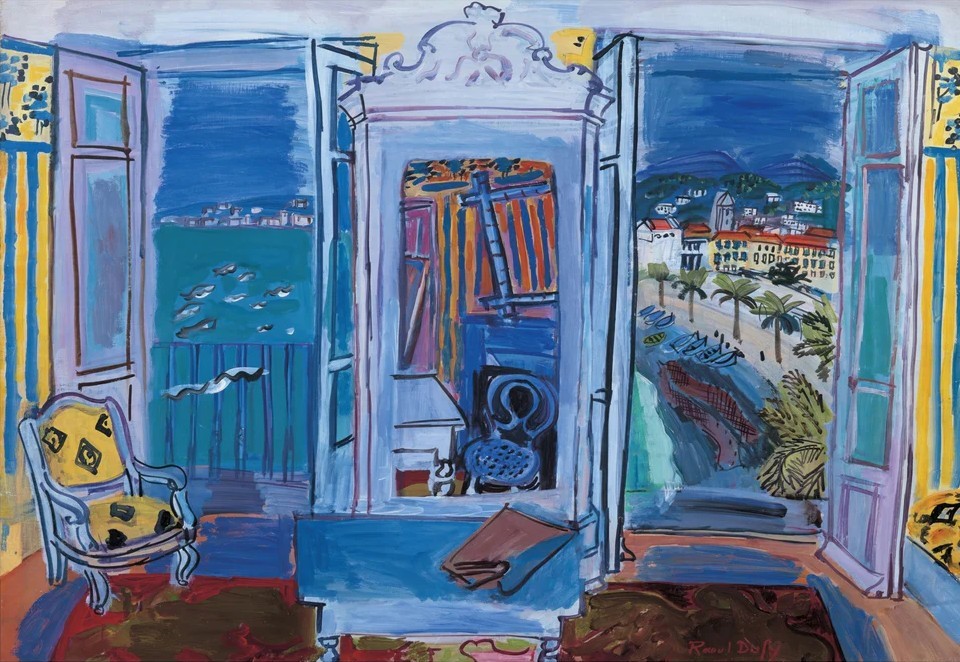 a colorful painting of a view out a window onto a coast